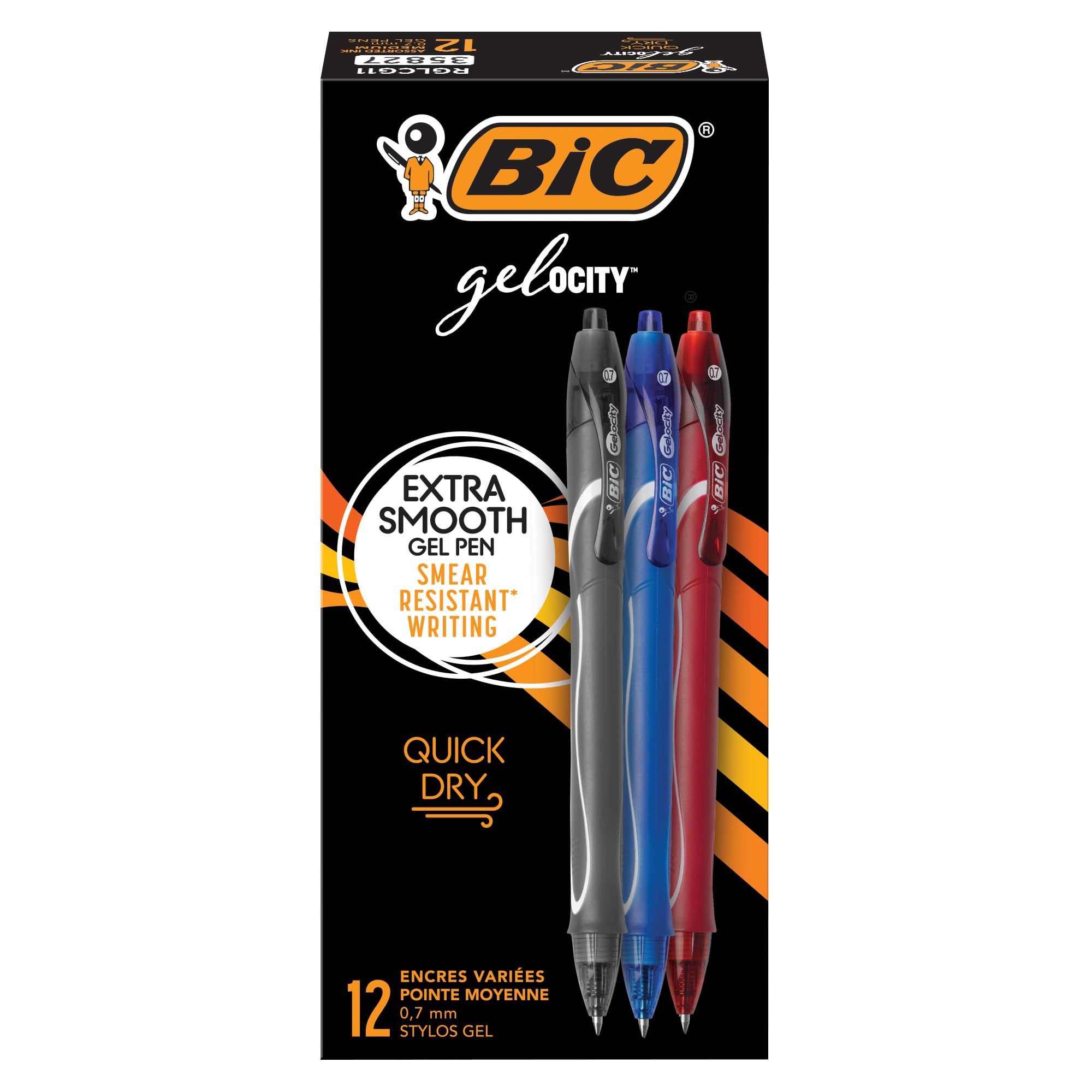BIC Gelocity Quick Dry Gel Pens with Vivid colors and Smooth Writing, 0.7 mm Medium Point, 12-Count in Assorted Ink