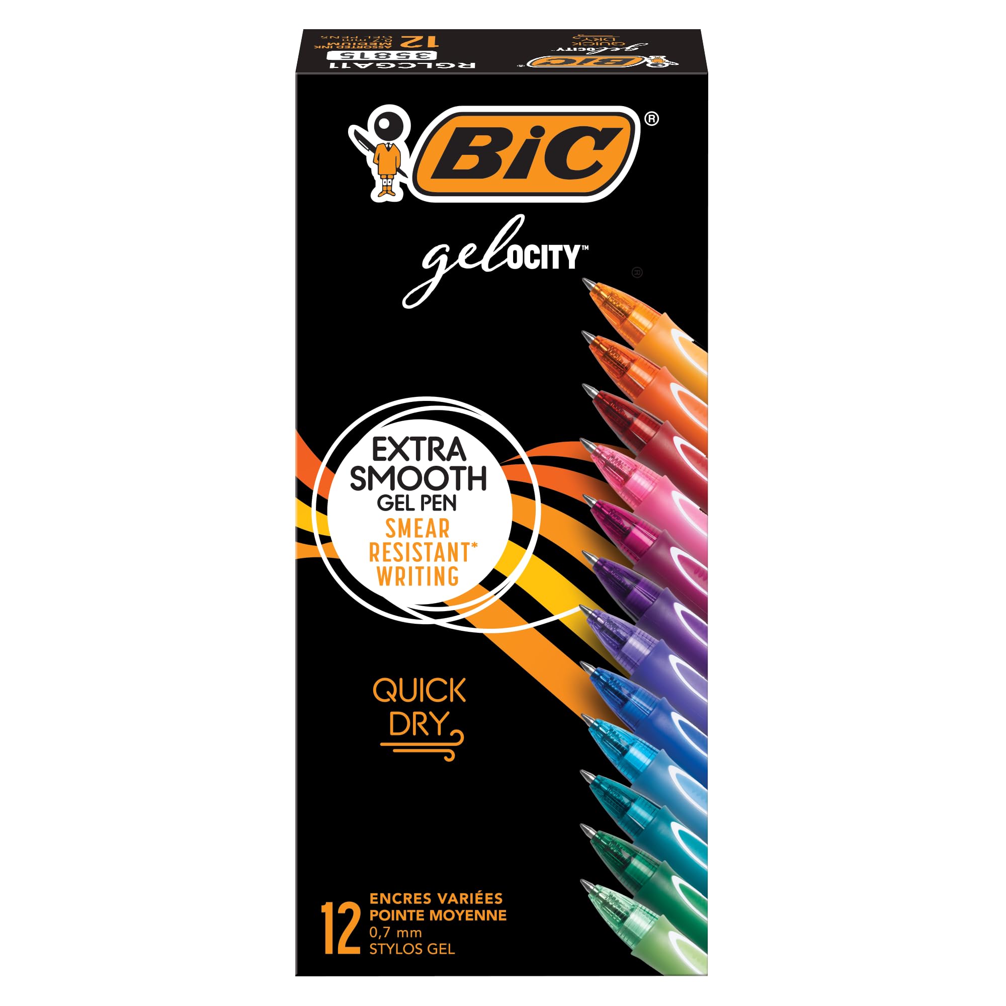 BIC Gelocity Quick Dry Gel Pens with Vivid colors and Smooth Writing, 0.7 mm Medium Point, 12-Count in Assorted Ink
